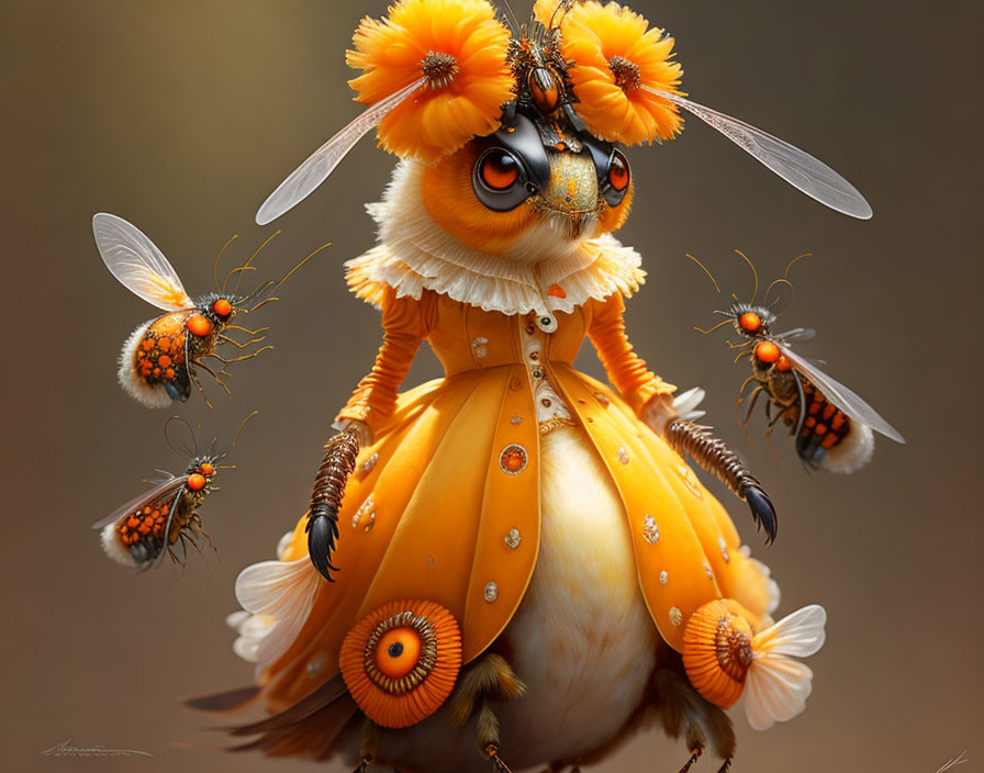 Illustration of whimsical character with bee-like features in orange dress surrounded by flying companions