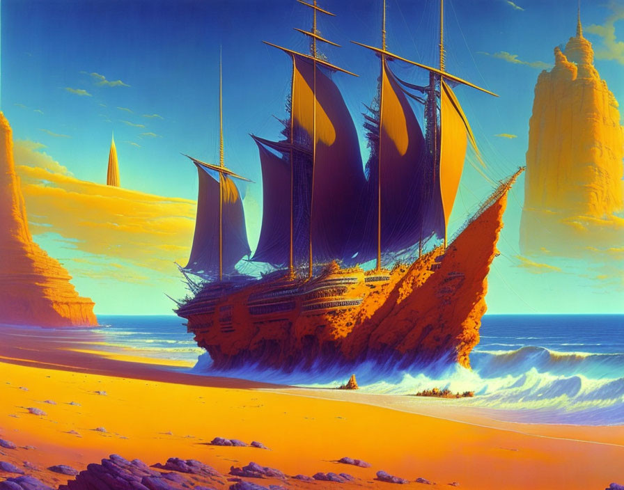 Fantastical ship with dark sails in desert landscape.