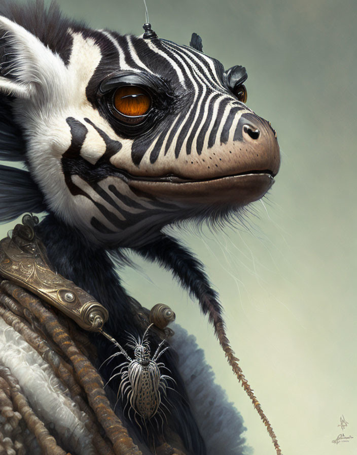 Detailed anthropomorphic zebra character with vibrant orange eye and ornate clothing.