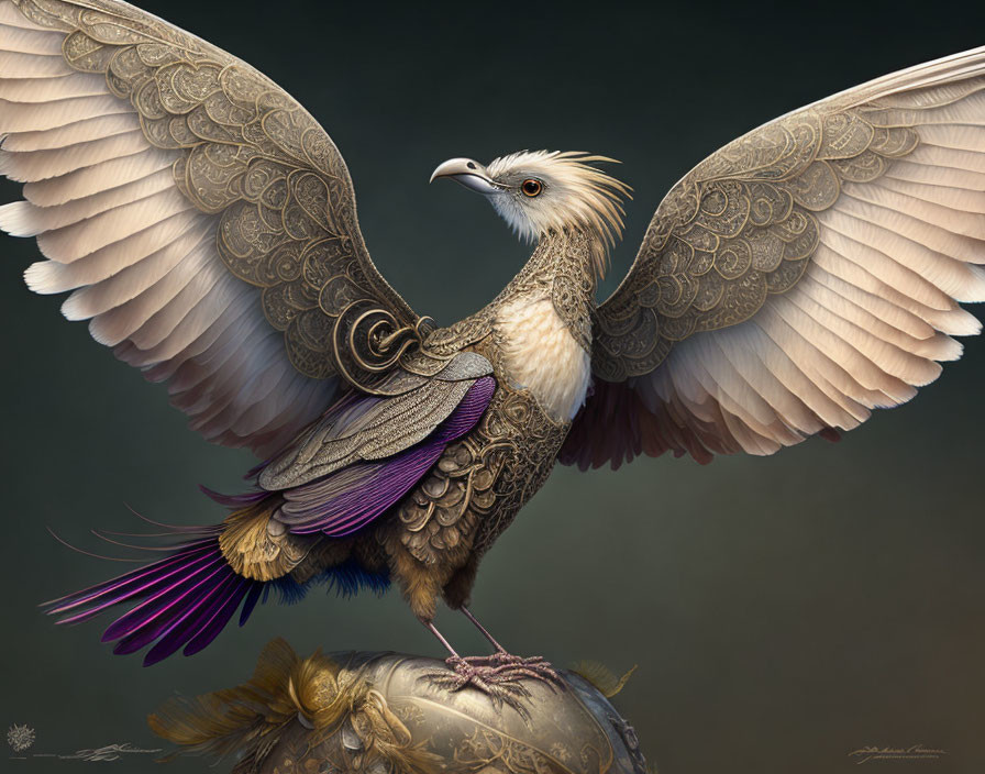 Mythical bird digital painting with gold-tipped feathers and violet highlights