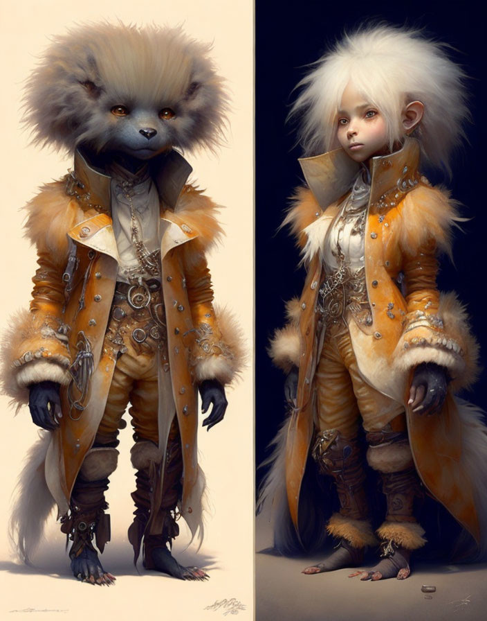 Fantasy characters in orange and white fur-trimmed coats: lion-like and white-haired human.