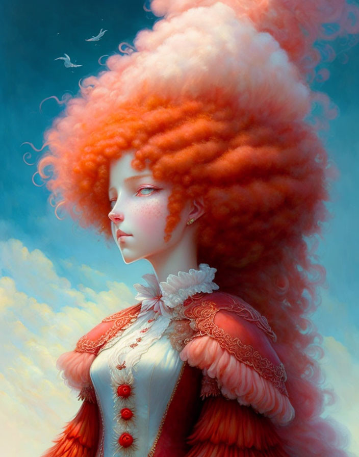 Surreal portrait of woman with curly red hair in period costume