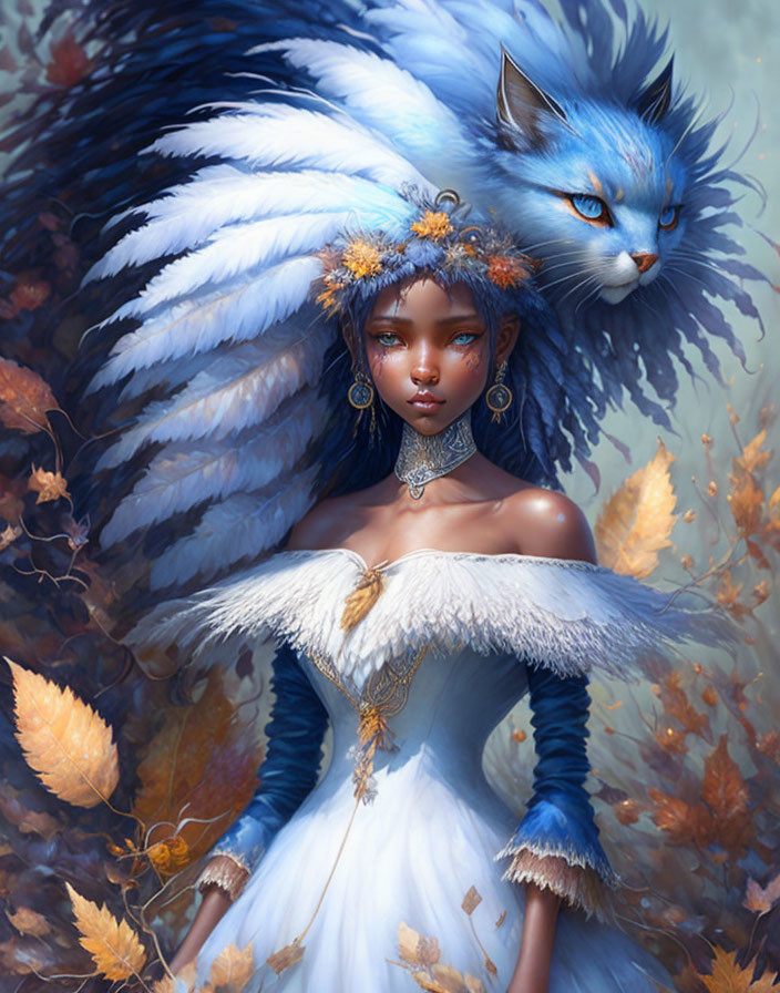 Woman in Blue Dress with Feather Details and Majestic Winged Cat in Autumn Scene