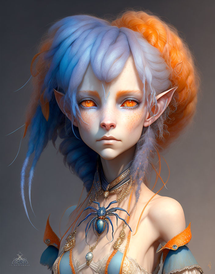 Fantasy portrait of female creature with blue and orange hair, pointed ears, orange eyes, and spider