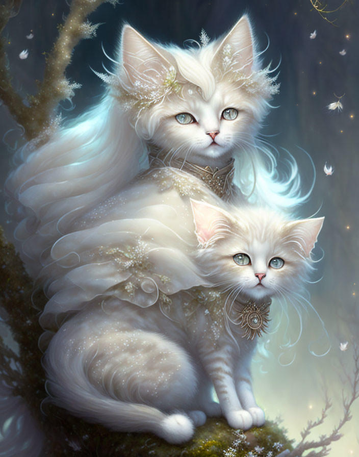 Ethereal white cats with blue eyes in mystical forest setting