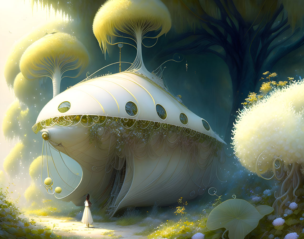 Person standing before whimsical mushroom-shaped structure in glowing forest