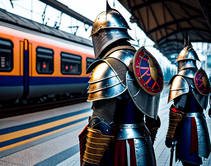 Medieval armor-clad figures on modern train platform