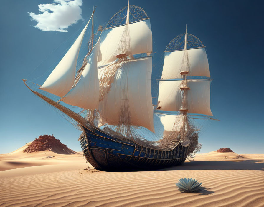 Ship with white sails stranded in sandy desert under clear sky with seashell.