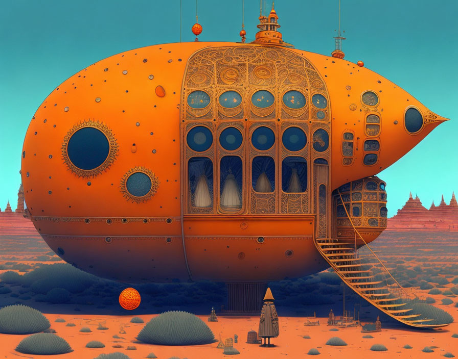 Whimsical orange submarine in desert with spires under blue sky