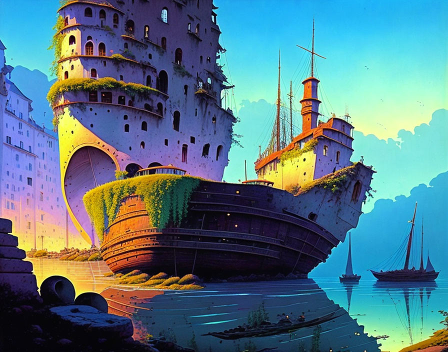 Fantastical castle tower on ship hull with boats in calm water at dusk