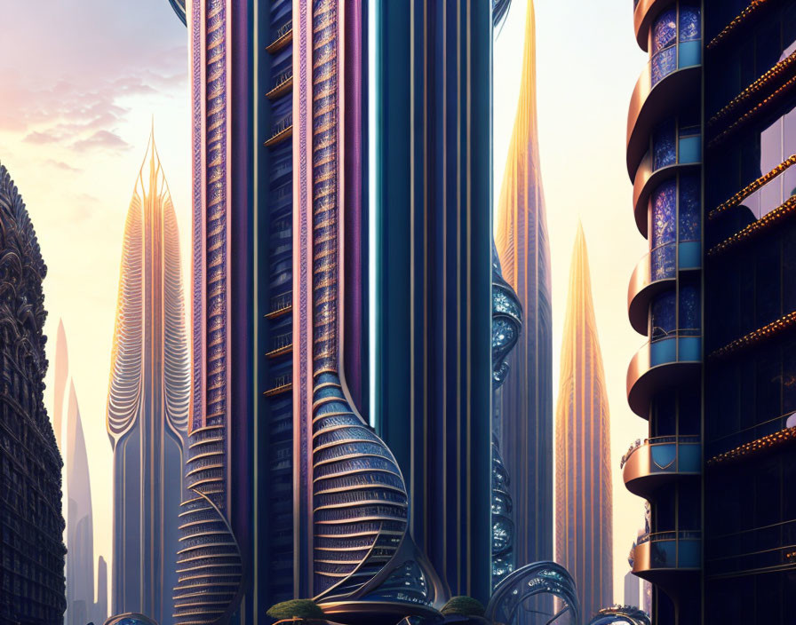 Sleek skyscrapers in futuristic cityscape at sunrise.