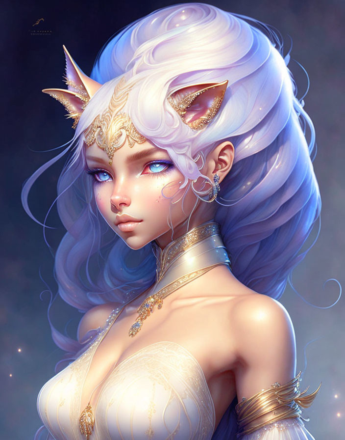 Fantasy illustration: Female character with pointed ears, white hair, blue eyes, gold jewelry, and