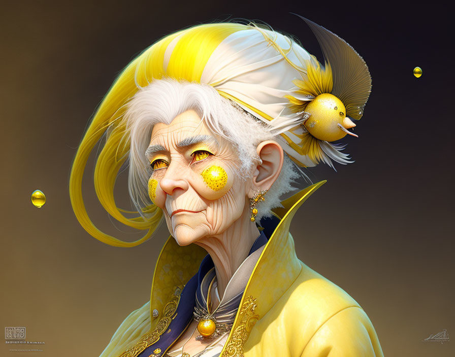 Elegant elderly woman with yellow-themed makeup and attire showcasing wisdom.