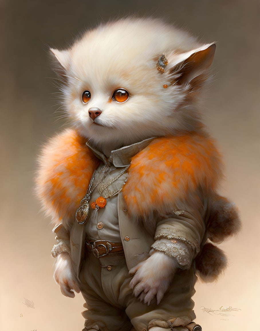 Fluffy white and orange cat in stylish outfit with medals and bee brooch