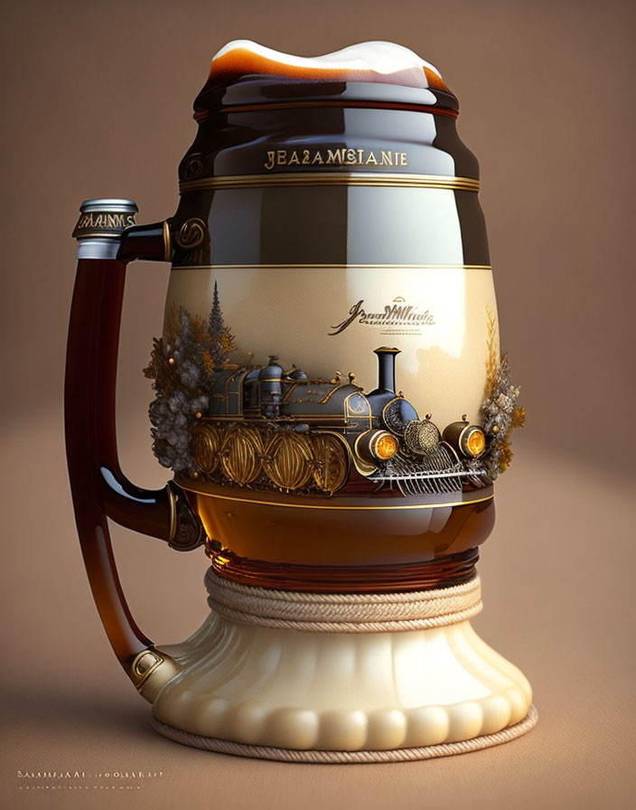 Train motif beer stein with golden accents and Cyrillic text on porcelain-like base.