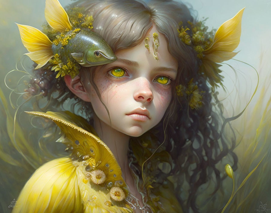 Girl with Fish and Yellow Floral Elements in Fantastical Art