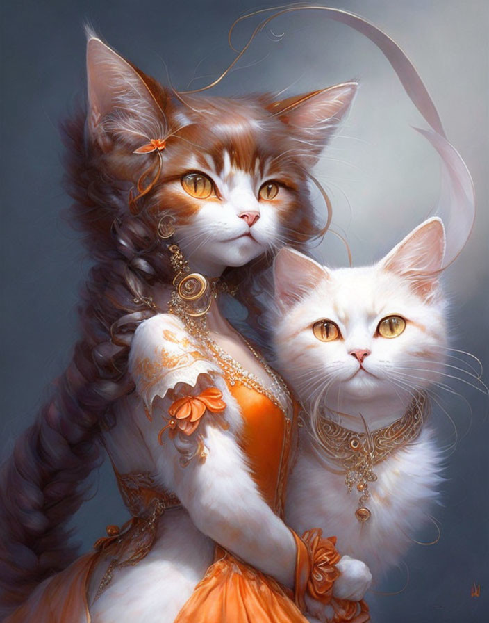 Elegant anthropomorphic cats in orange attire and jewelry standing together