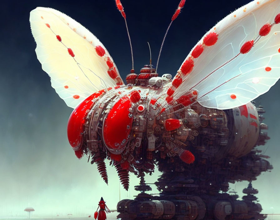 Mechanical bee creature with translucent wings in misty landscape