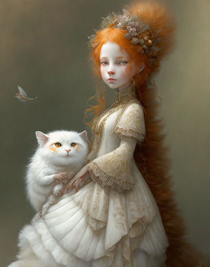 Red-haired girl in vintage dress with white cat and feather on muted background