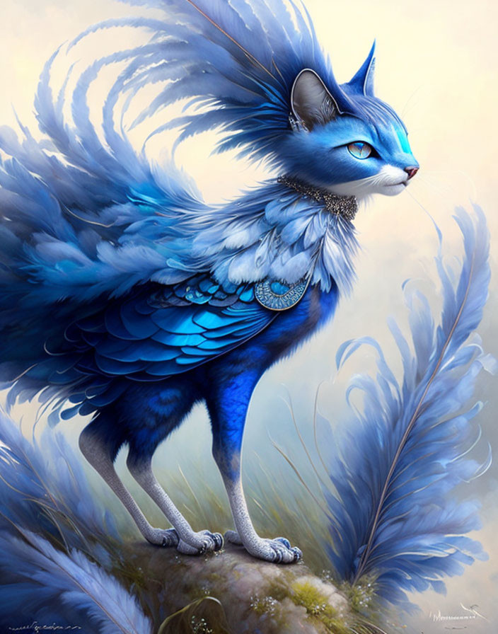 Blue cat-headed bird creature with majestic wings perched gracefully