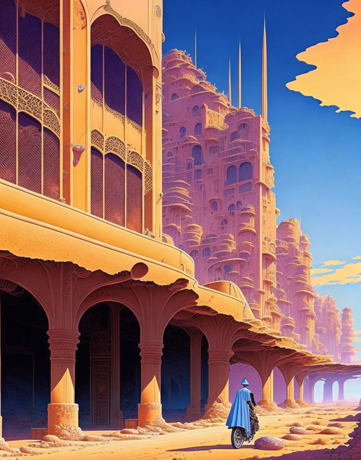 Person in Blue Cloak Stands Before Ornate Sandstone Palace