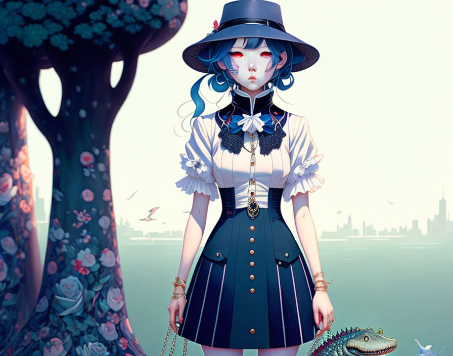 Illustration of girl with pale blue hair in nautical outfit, holding dinosaur leash, with floral tree