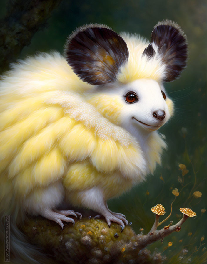 Fluffy yellow mouse-like creature with round ears on branch with tiny mushrooms