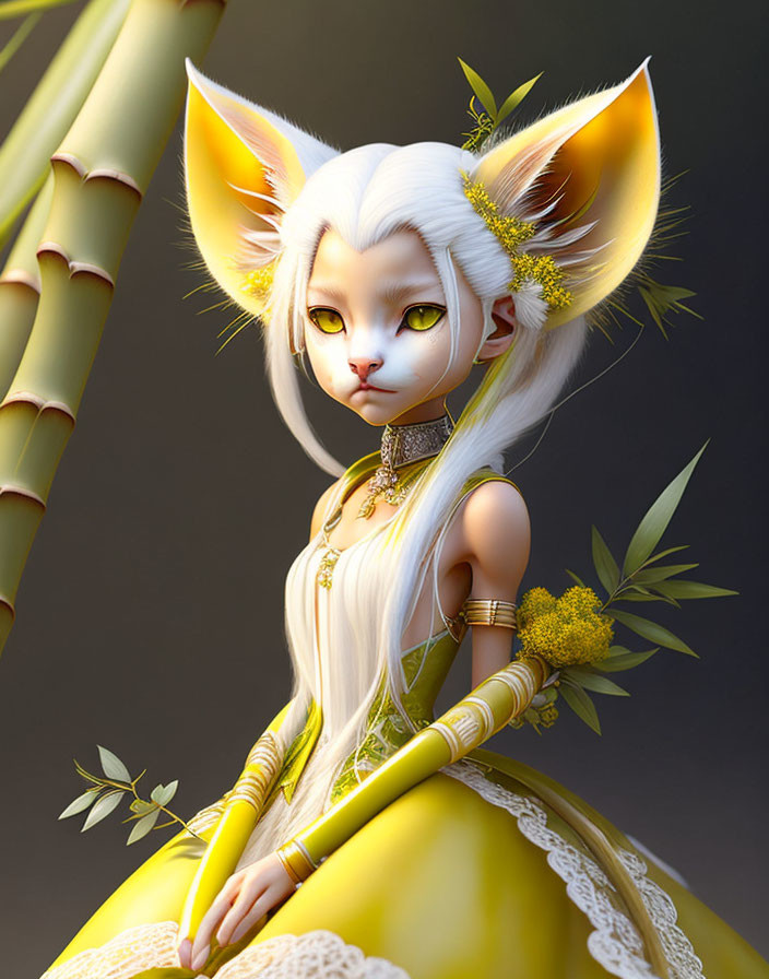 Anthropomorphic female fox character in yellow dress with gold jewelry and bamboo.