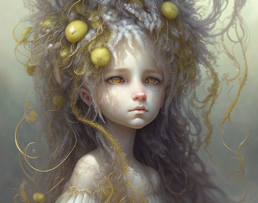 Fantasy portrait of a girl with pale skin and yellow eyes adorned with golden jewelry and floral embellishments