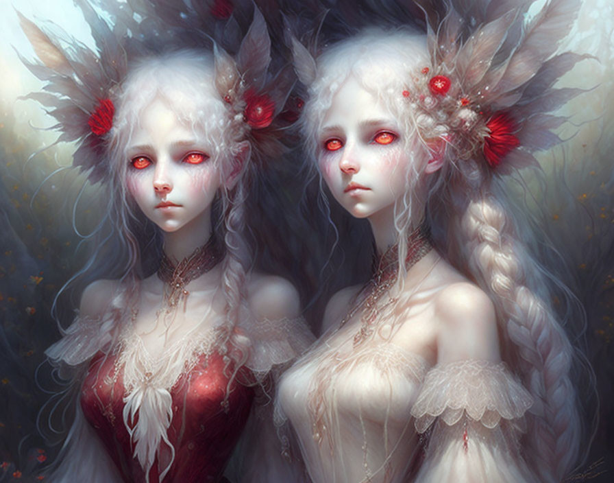 Twin fantasy characters with pale skin, red eyes, white hair, red flowers, feathers, orn