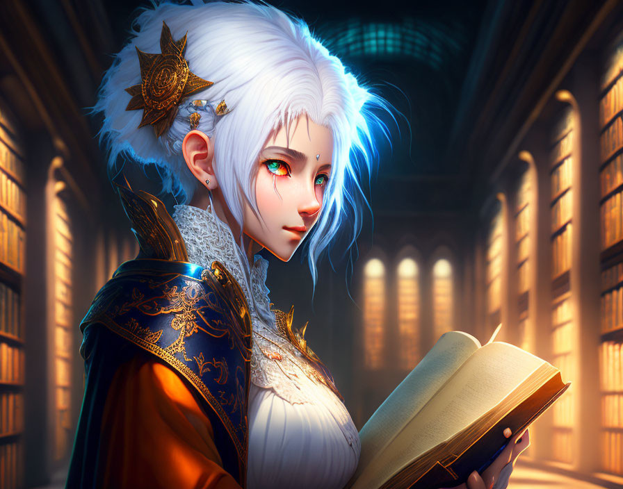 White and Blue Haired Female Character in Detailed Blue and Orange Outfit Holding Book in Library