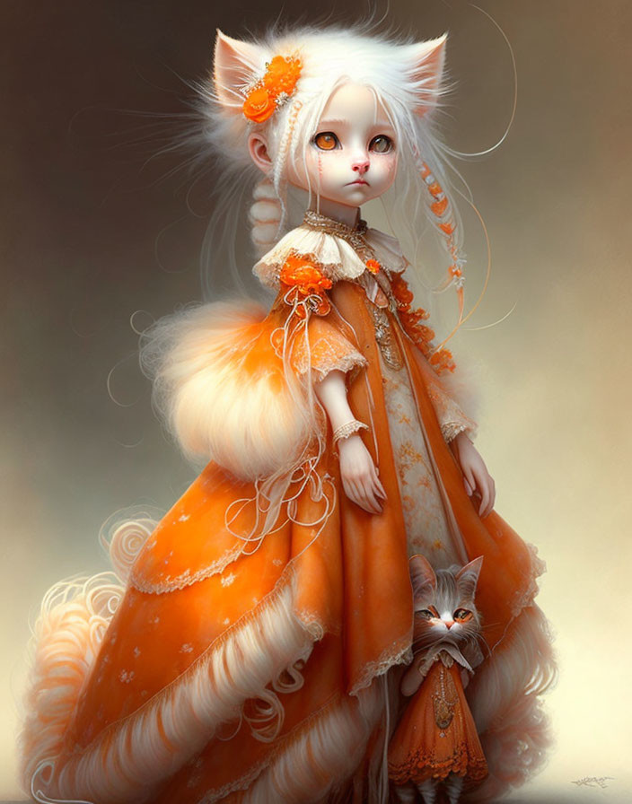 Anthropomorphic white cat in ornate orange dress with small cat peeking against muted background