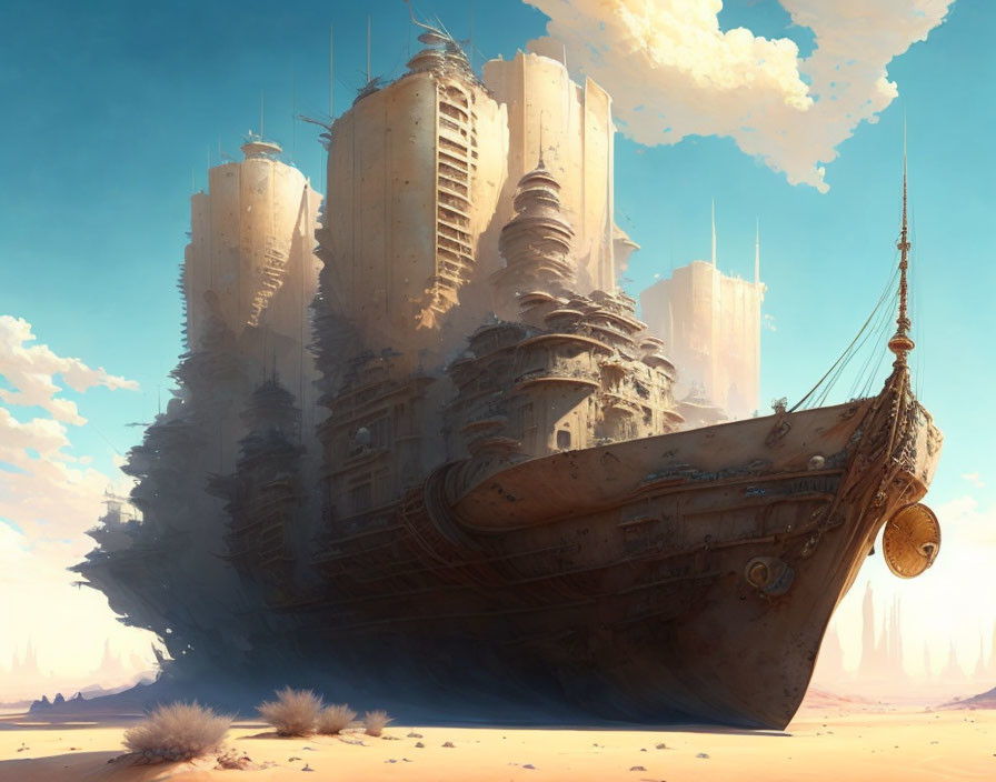 Fantastical ship with skyscraper-like structures sailing through a desert