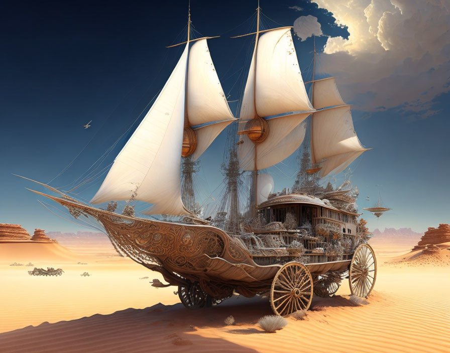 Fantastical ship with sails and wheels in desert landscape with flying creatures