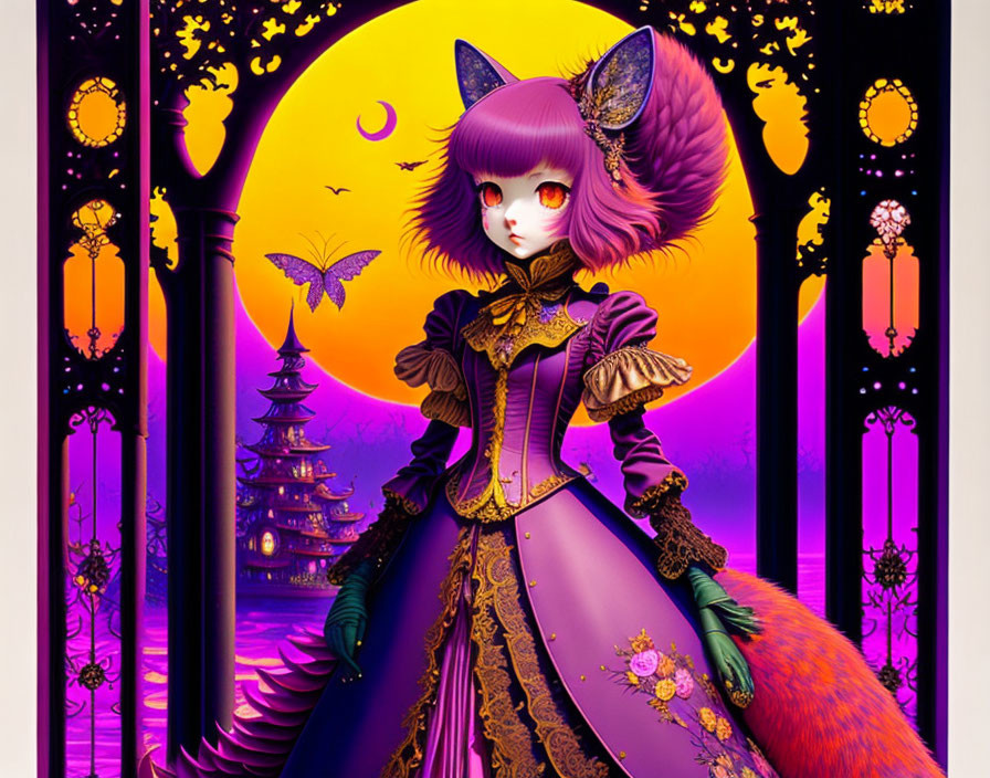 Illustrated character in purple Victorian dress with fox ears in stylized purple landscape