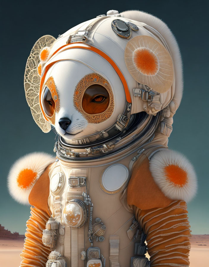 Stylized anthropomorphic cat astronaut in detailed spacesuit against desert backdrop