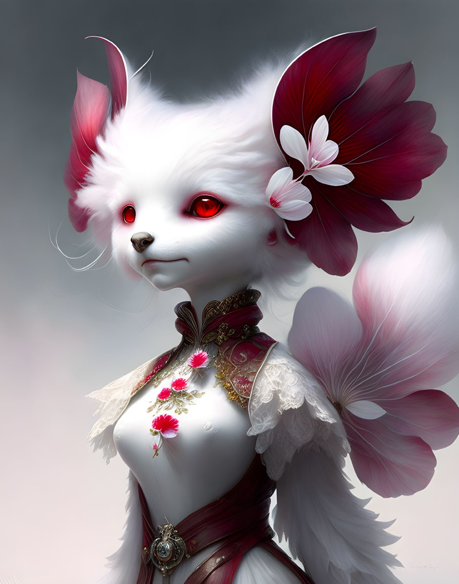 Anthropomorphic white creature with red eyes, large ears, flowers, and decorative collar.