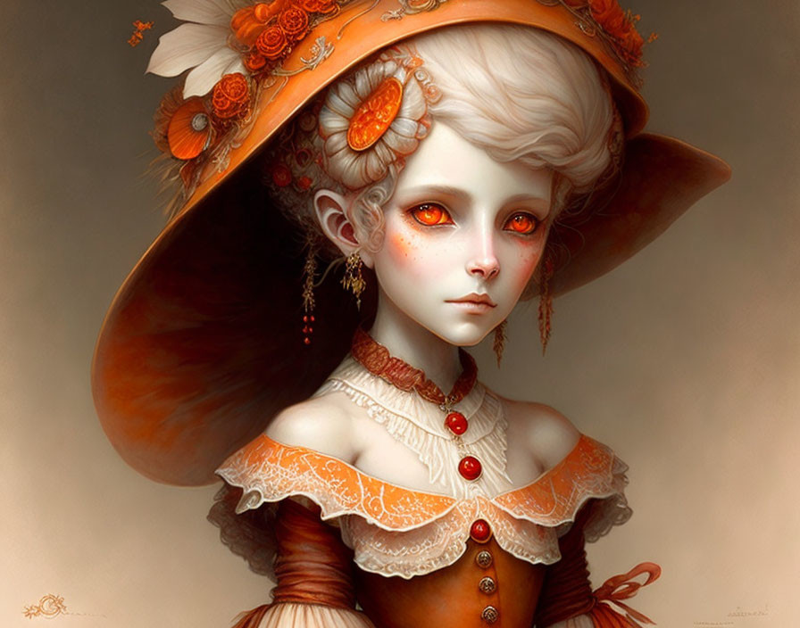 Stylized portrait of girl with pale skin, orange eyes, white hair, Victorian dress, and