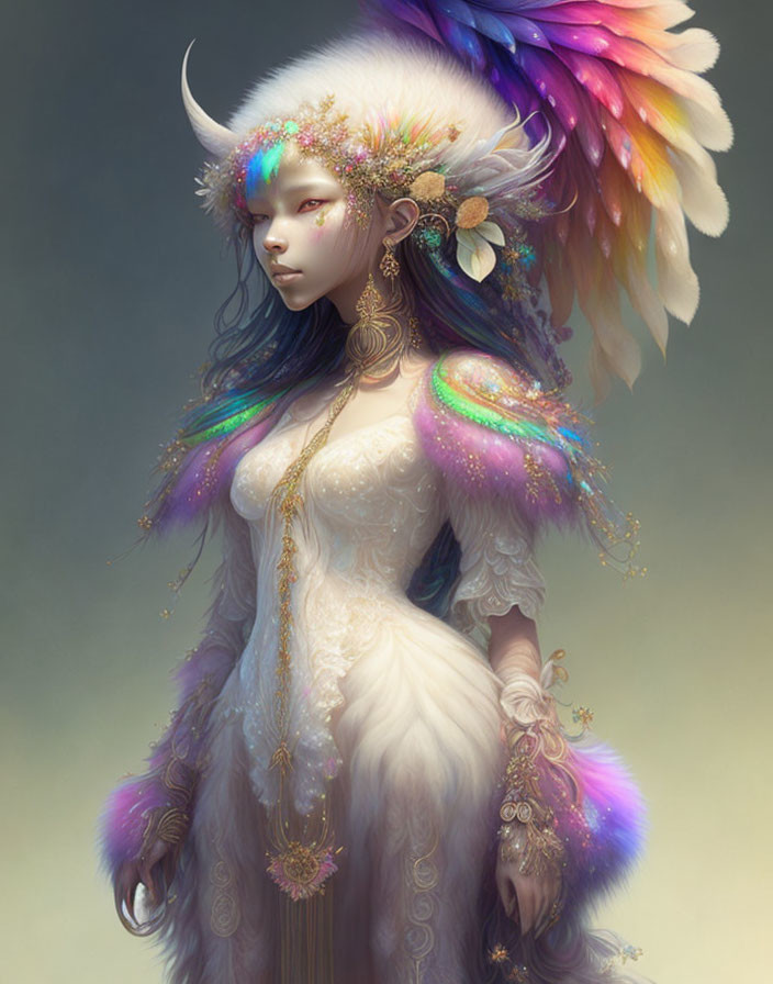 Ethereal figure with horns, feathered headdress, and intricate jewelry in pastel hues.