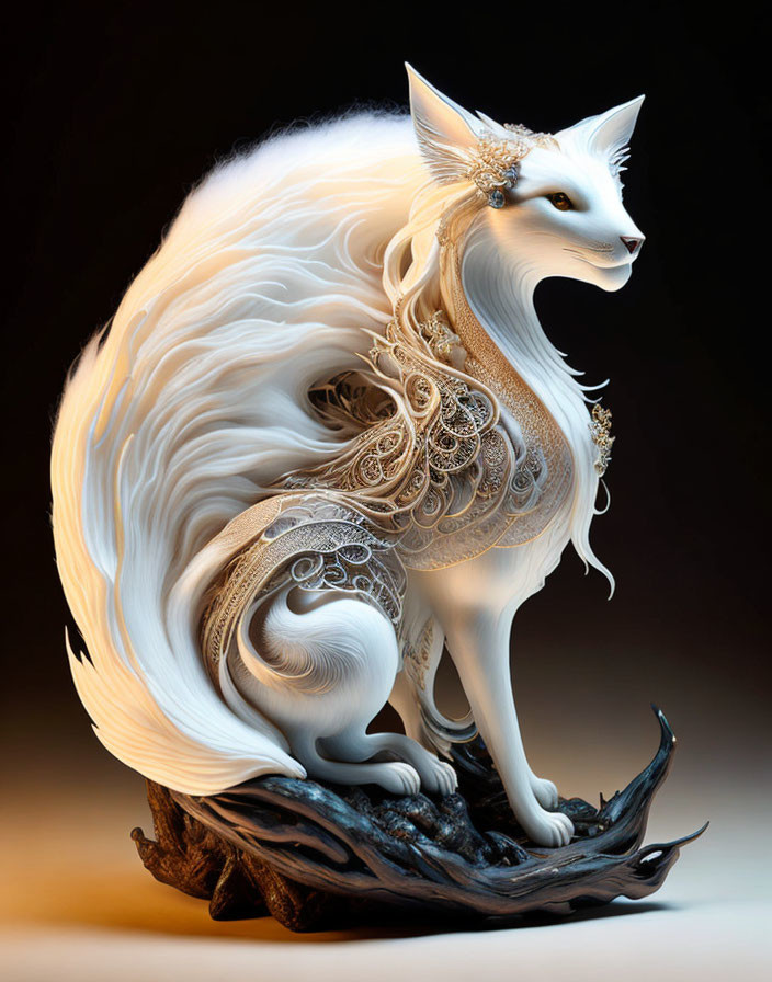 White Fox with Golden Jewelry on Dark Wooden Base Against Amber Backdrop