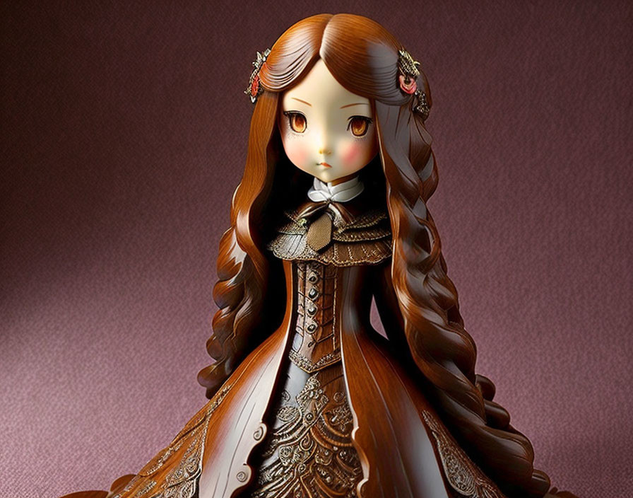 Victorian-inspired girl figurine with large eyes, brown dress, lace, ribbons, and rose