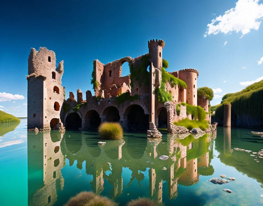 Medieval castle ruins reflected in calm water under clear sky, surrounded by greenery