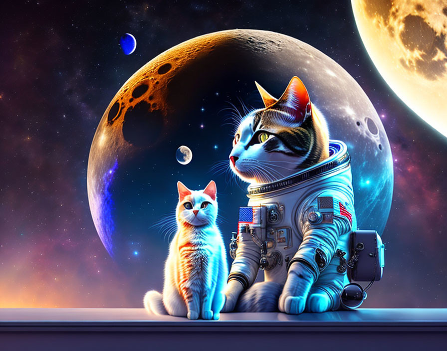 Two cats in astronaut suits with moon and planets.