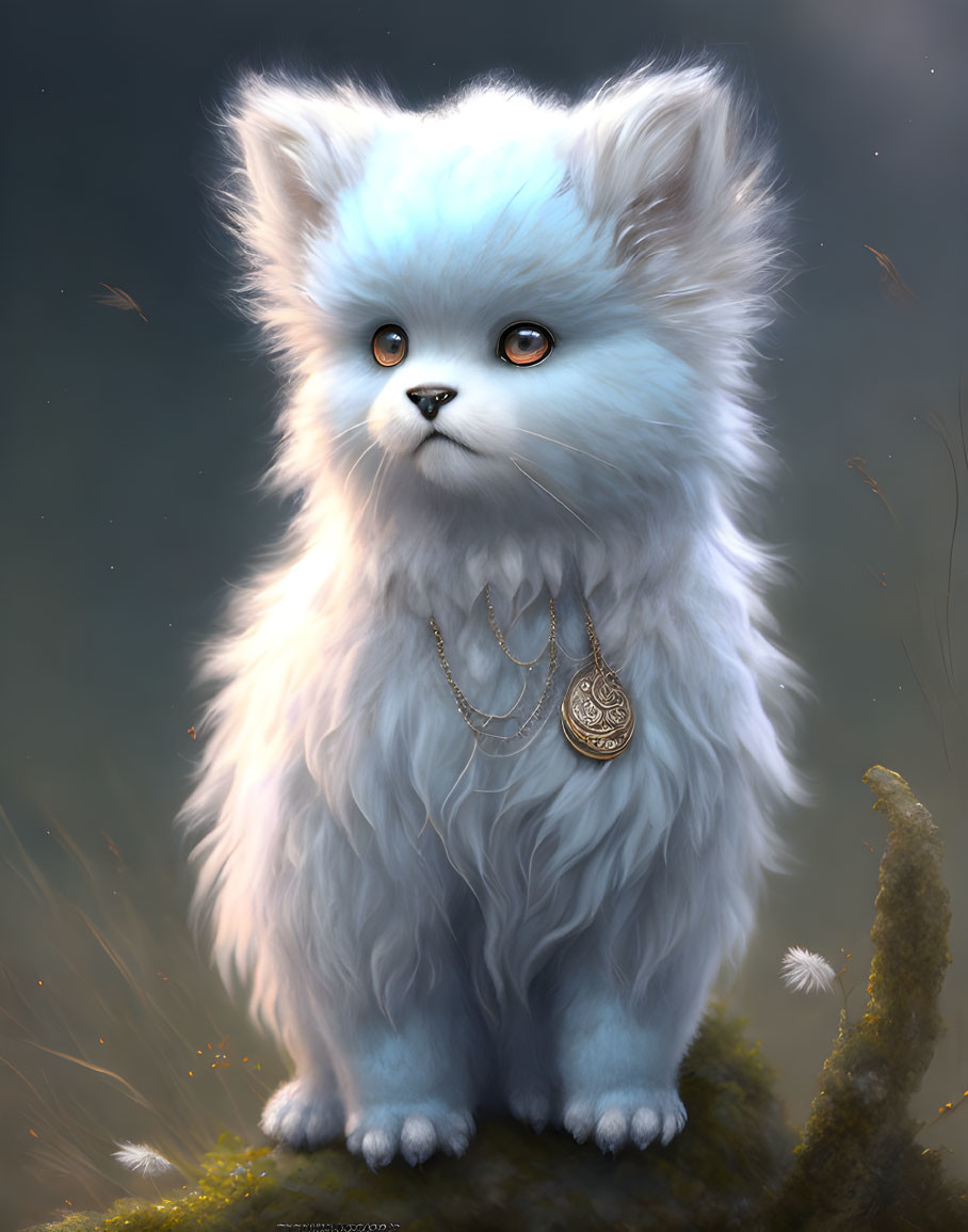 Blue-Furred Fantasy Creature with Pendant on Mossy Ground surrounded by Dandelion Seeds