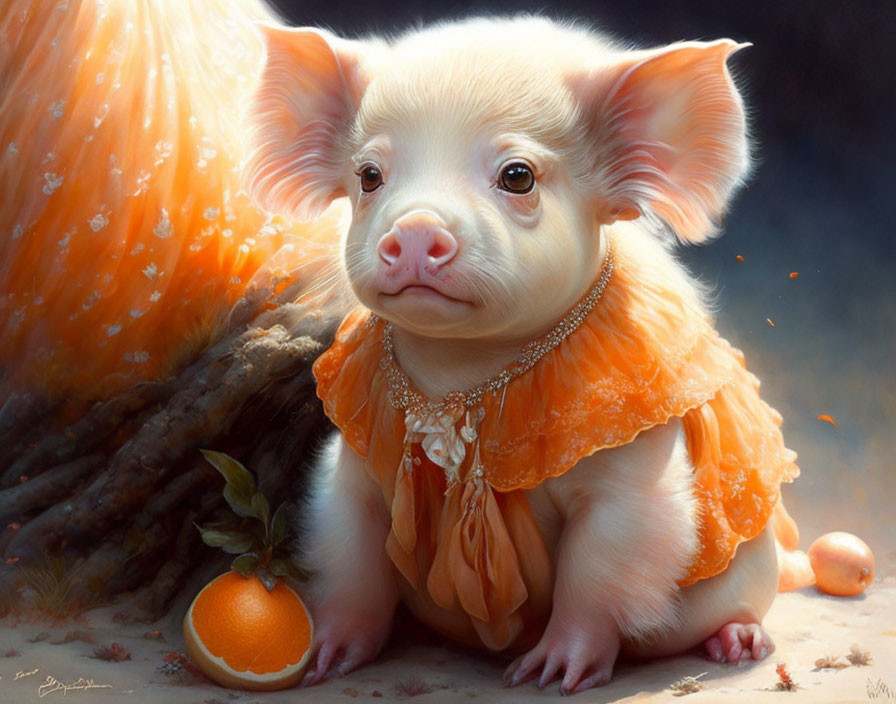 Illustration of a whimsical piglet in orange ruffled attire with pearl necklace