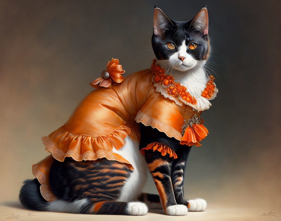 Black and white cat in orange dress with lace and floral details