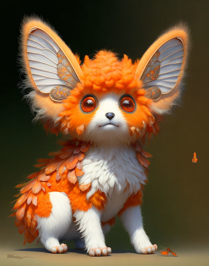 Adorable fantastical creature with large ears and orange fur