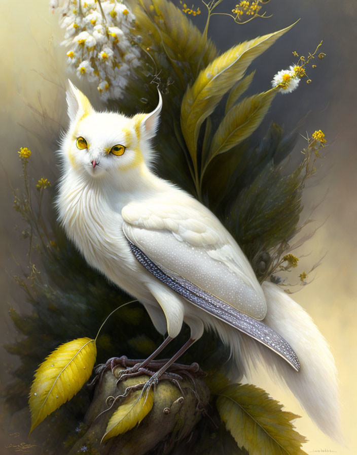 White owl with yellow eyes and leaf-like wings perched on branch