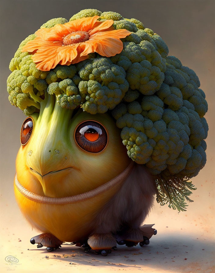 Colorful creature illustration with chick-like body, broccoli head, and orange flower.