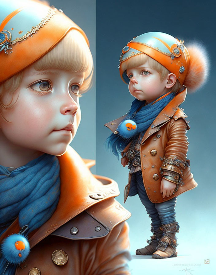 Digital artwork featuring child in orange hat, blue scarf, and whimsical creatures